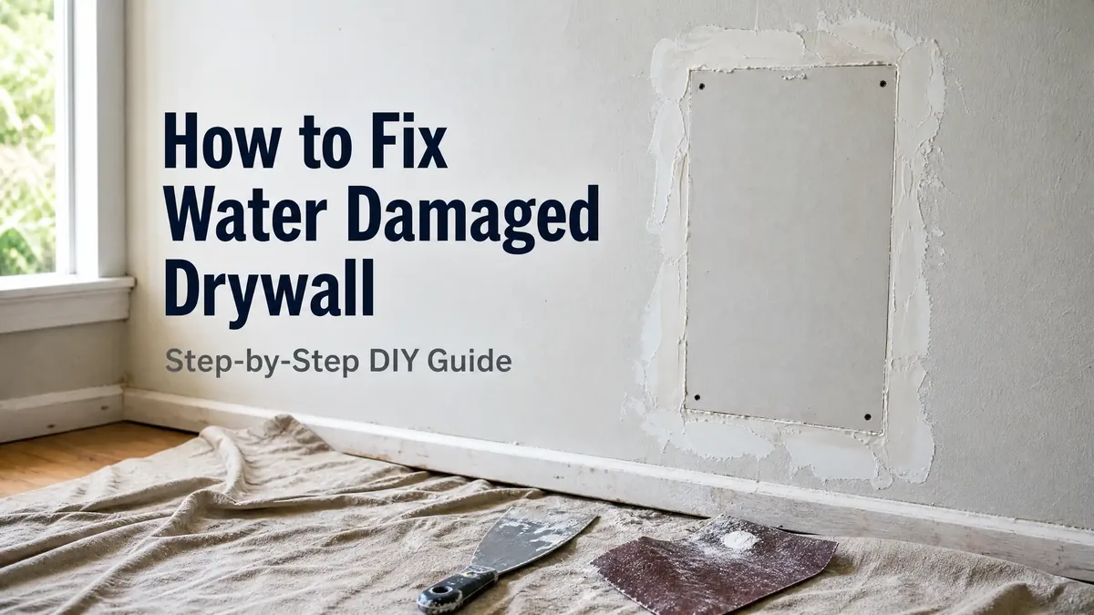 A white interior wall with a large brown water stain and peeling paint below the bathroom, the start of a drywall repair