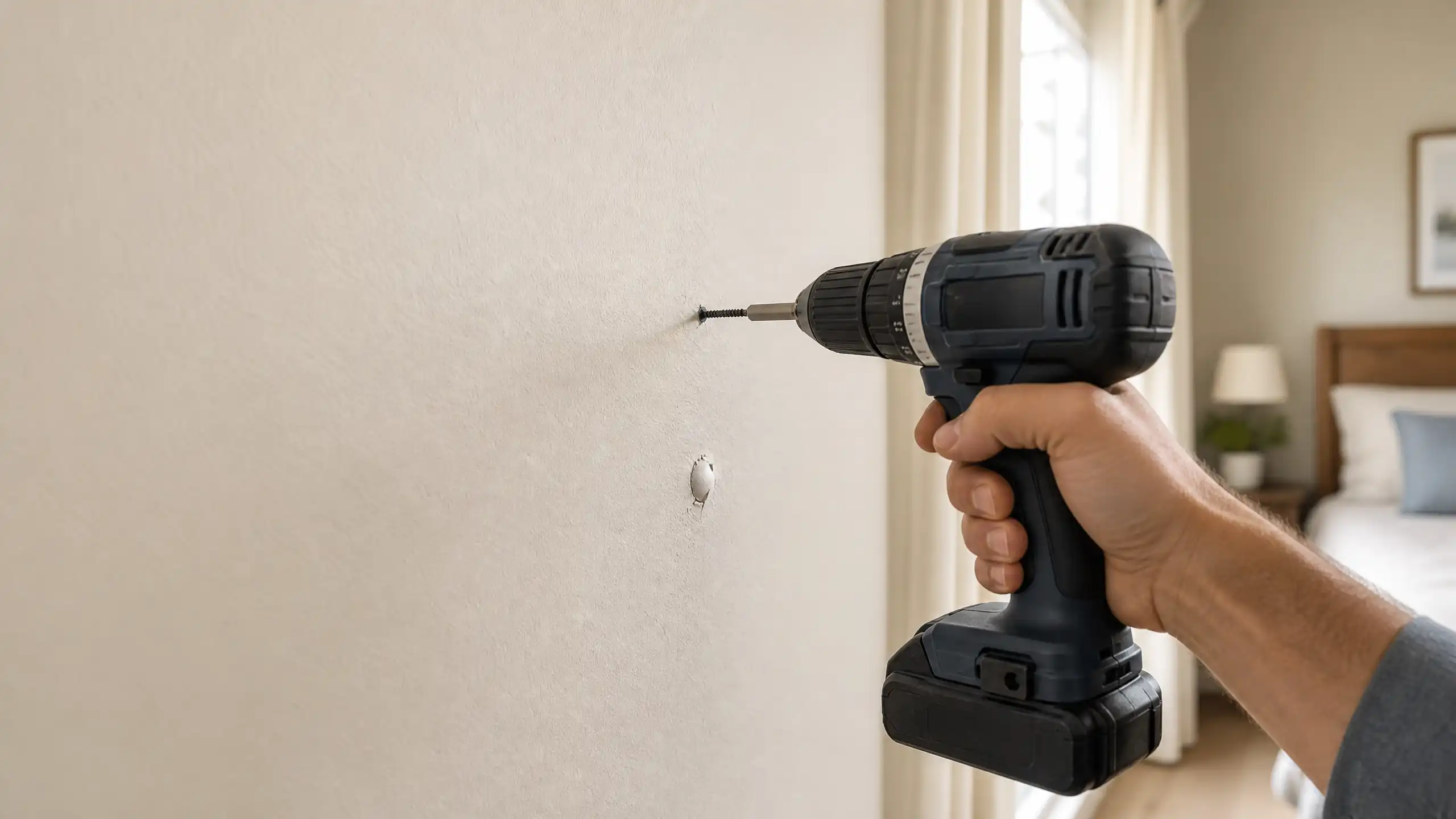 A close view of a nail pop in a painted drywall wall, a small round bump where the fastener head pushes through