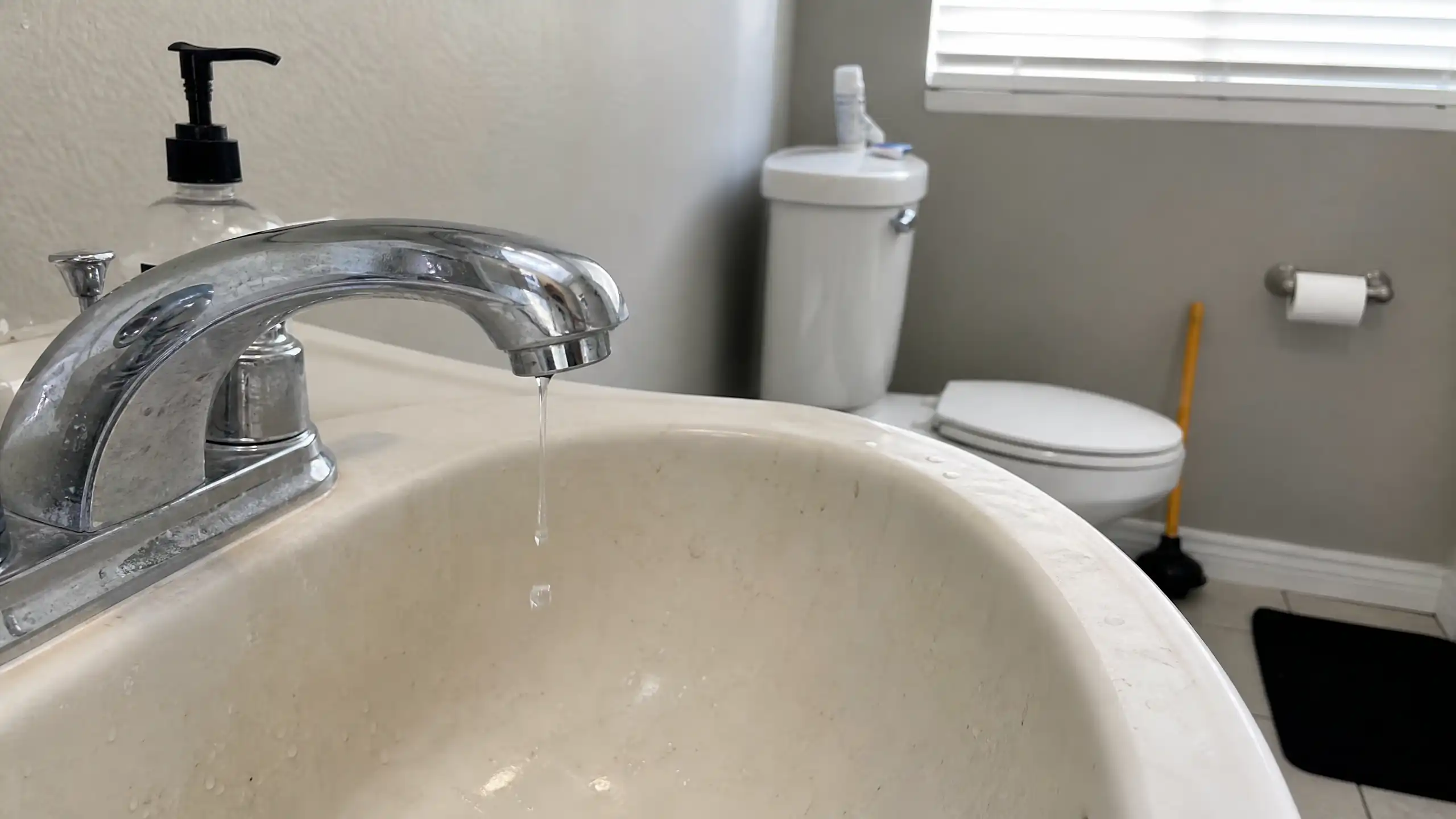 A toilet and sink in the same bathroom, showing the two plumbing problems I tackled in one Saturday
