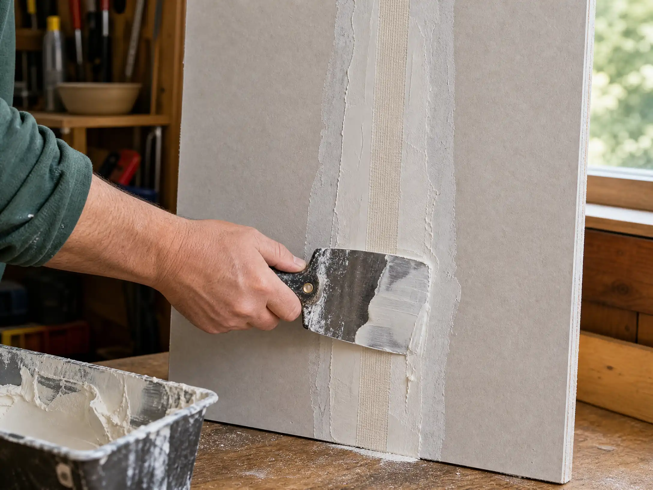 Hand spreading joint compound over paper drywall tape on a wall seam with a taping knife