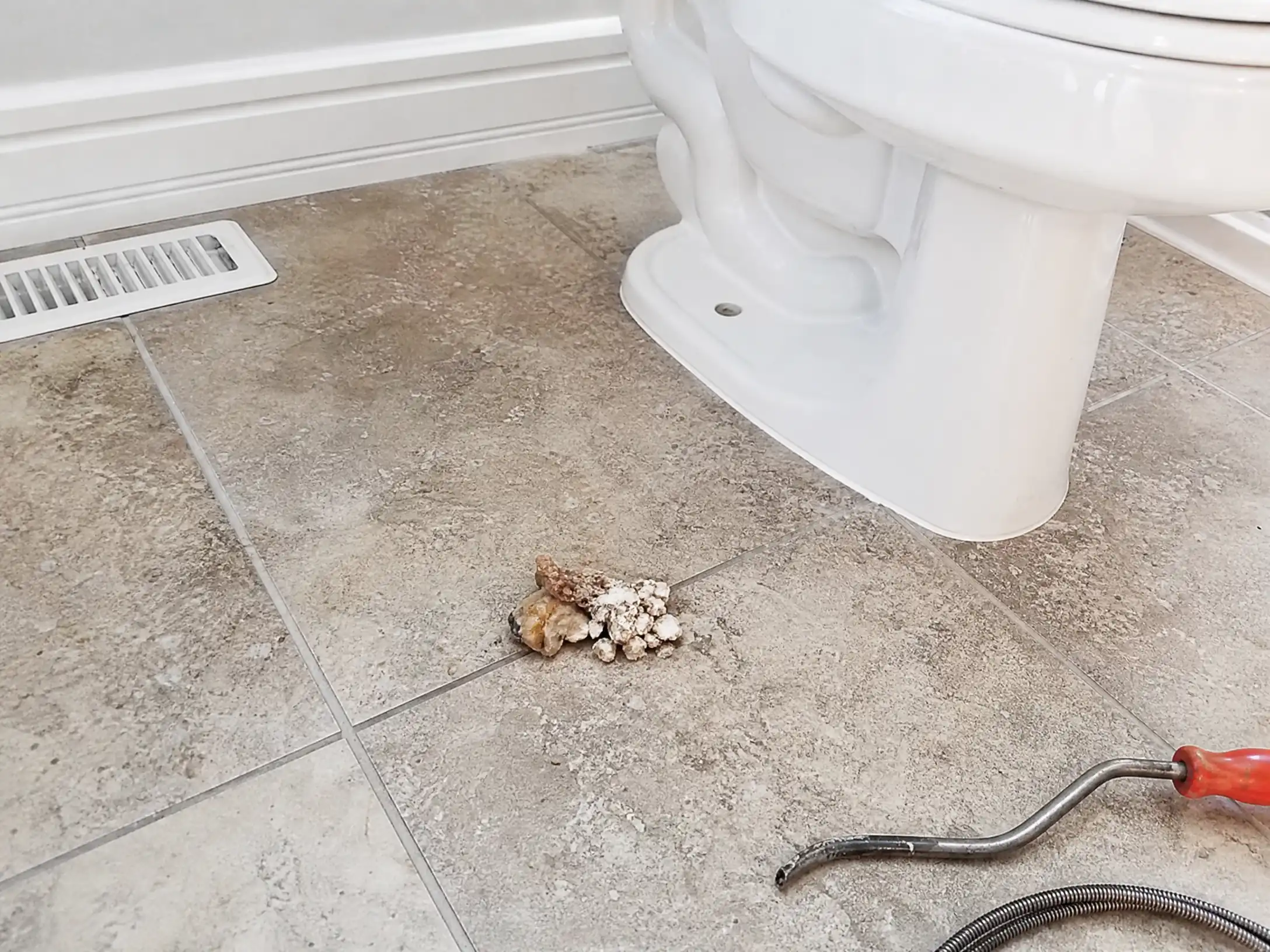 Closet auger tip coated with white chalky mineral crust after being pulled from the toilet trap